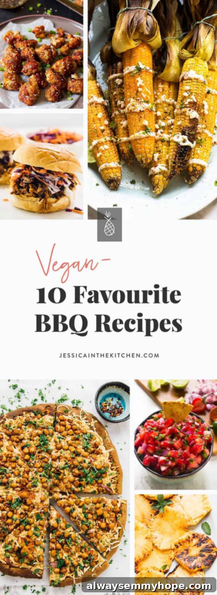 10 Irresistible Vegan BBQ Recipes for Grilling Season 2 A collage showcasing diverse vegan BBQ recipes, including smoky Mexican street corn, savory pulled "pork" mushroom sandwiches, fresh strawberry salsa, and naturally sweet grilled pineapple slices, ideal for any summer cookout or pool party.