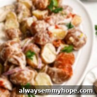 Vegan potato salad with coconut bacon.