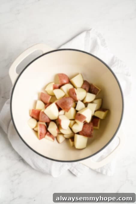 Freshly chopped potatoes in a pot, ready for boiling.