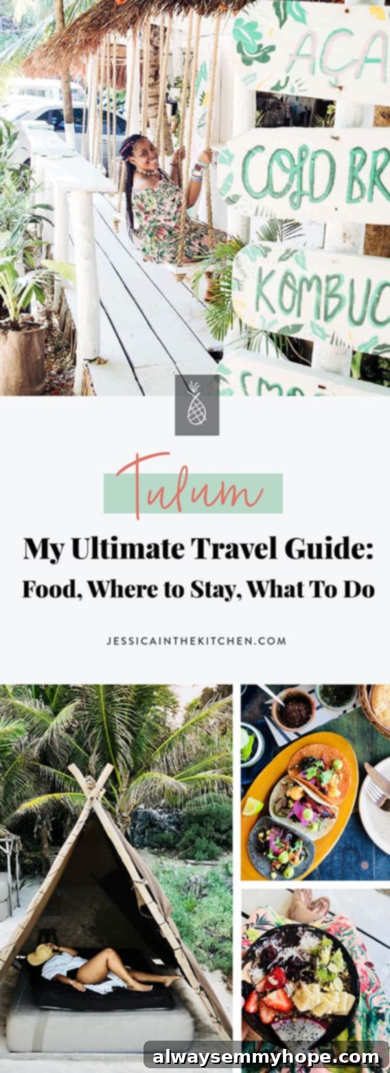 A collage of Jessica's holiday photos, featuring her enjoying various Tulum experiences, accompanied by decorative text.