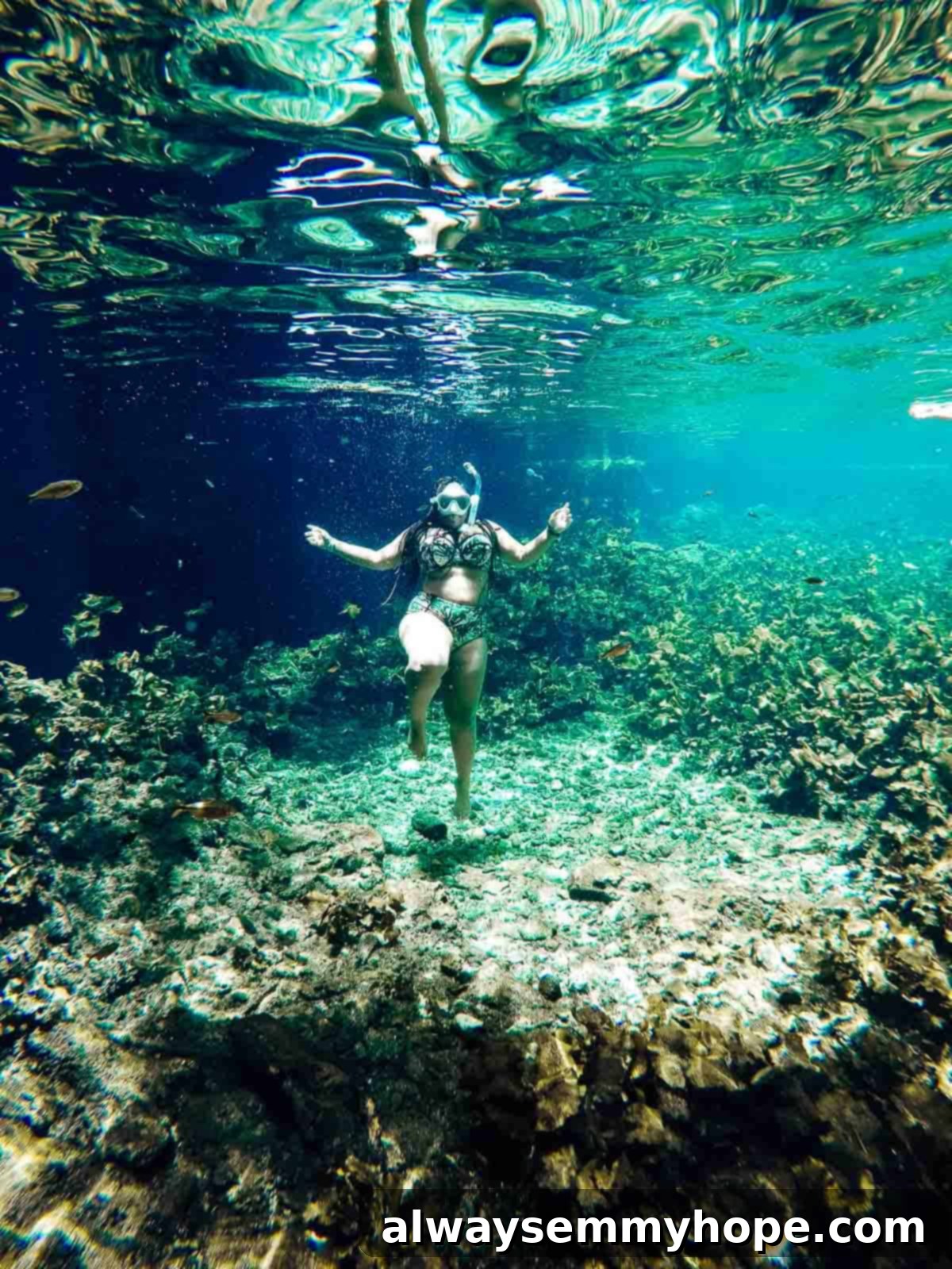Jessica swimming gracefully underwater, exploring a cenote during a scuba dive.