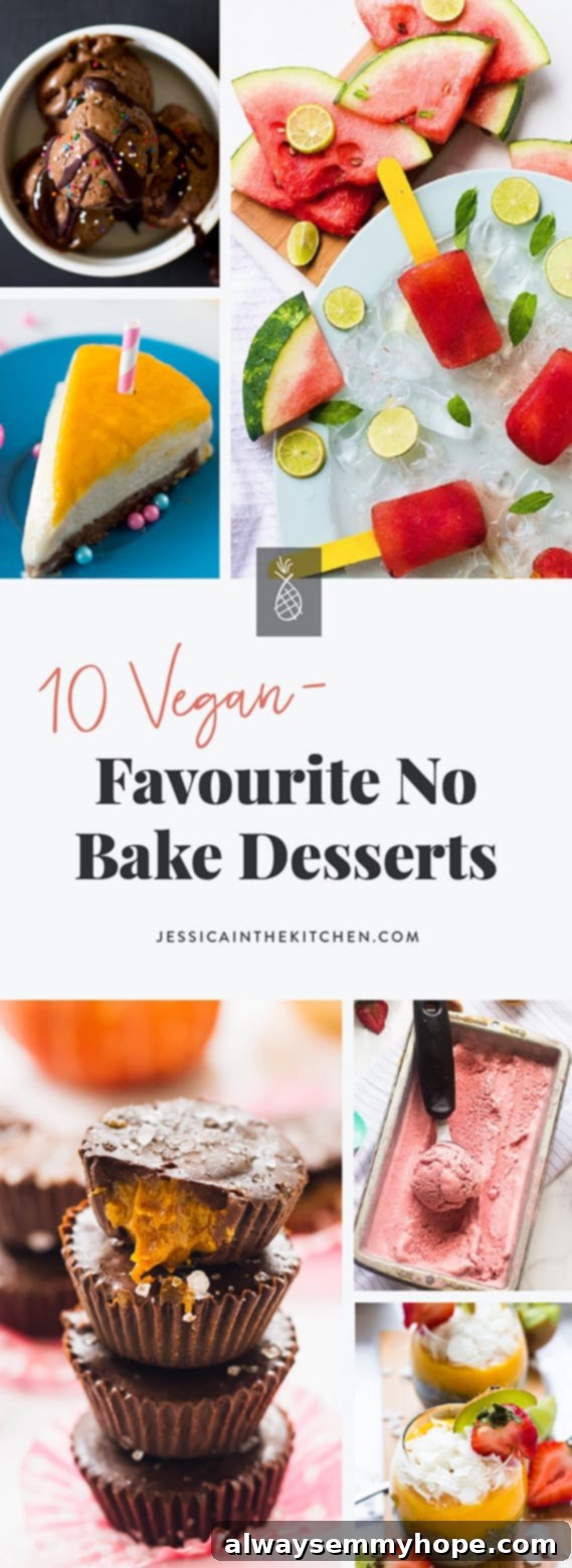 A vibrant montage of various easy no-bake vegan desserts, perfect for summer.