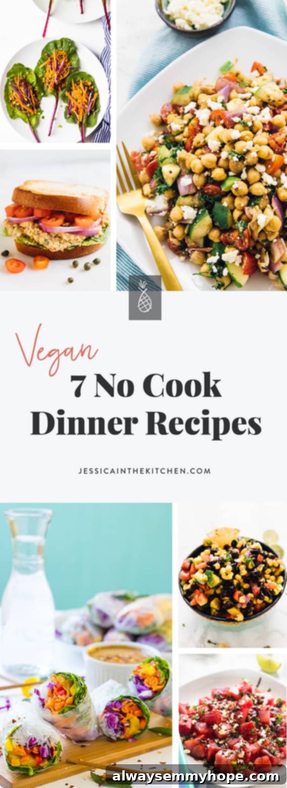 A vibrant montage of no-cook vegan dinner recipes, including spring rolls, sandwiches, and salads, with title text encouraging easy summer meals.