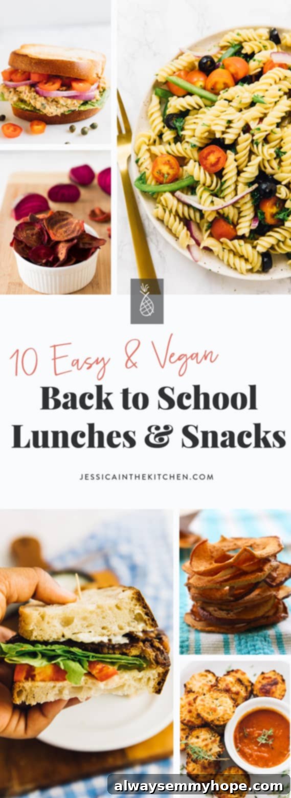 A vibrant montage of healthy vegan back to school lunches and snacks, showcasing a variety of colorful plant-based meals and treats, perfect for students and busy professionals.