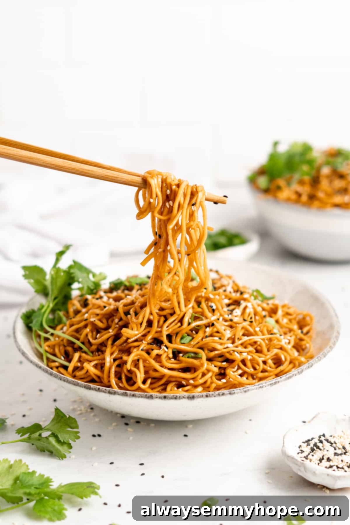 A beautifully presented bowl of vegan sesame noodles, garnished with fresh green onions and sesame seeds.