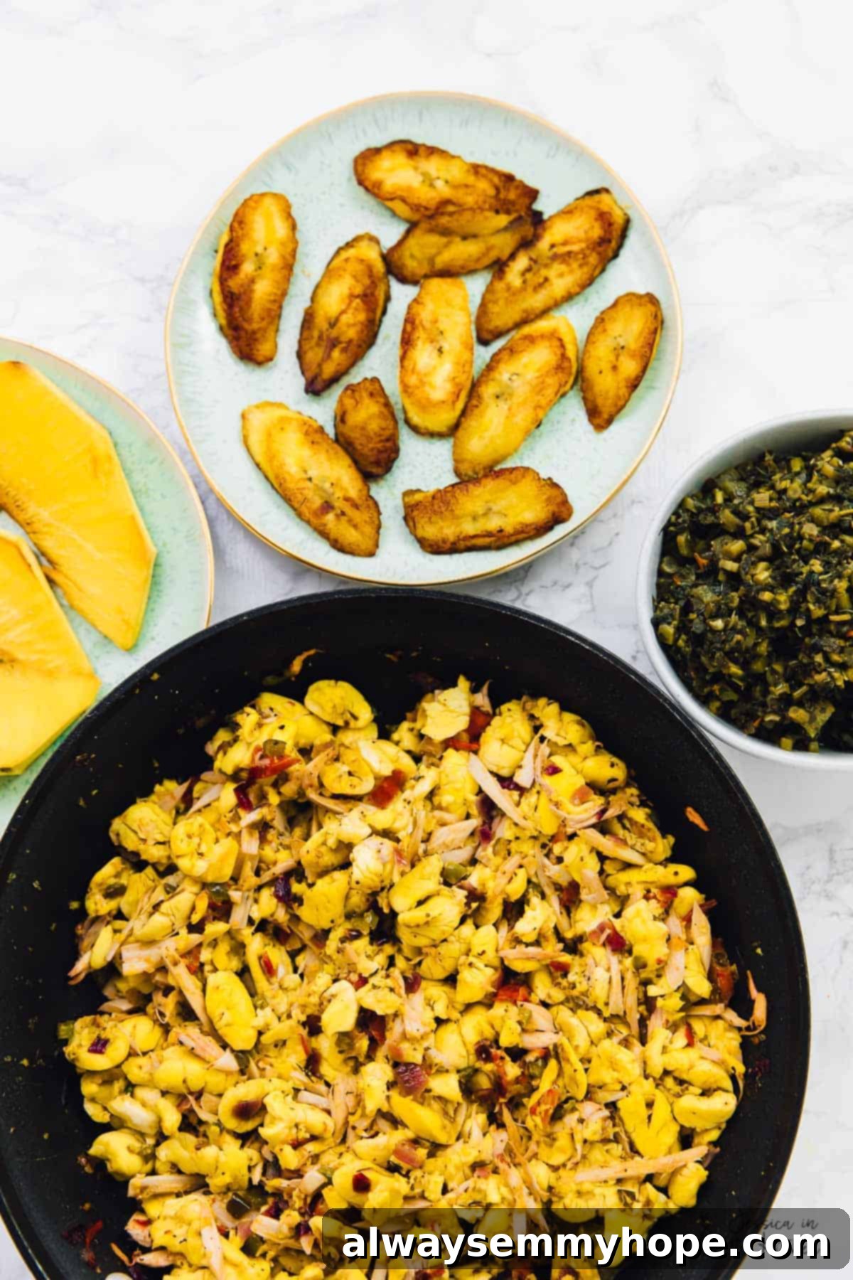 Overhead view of vegan ackee and saltfish in a skillet. 