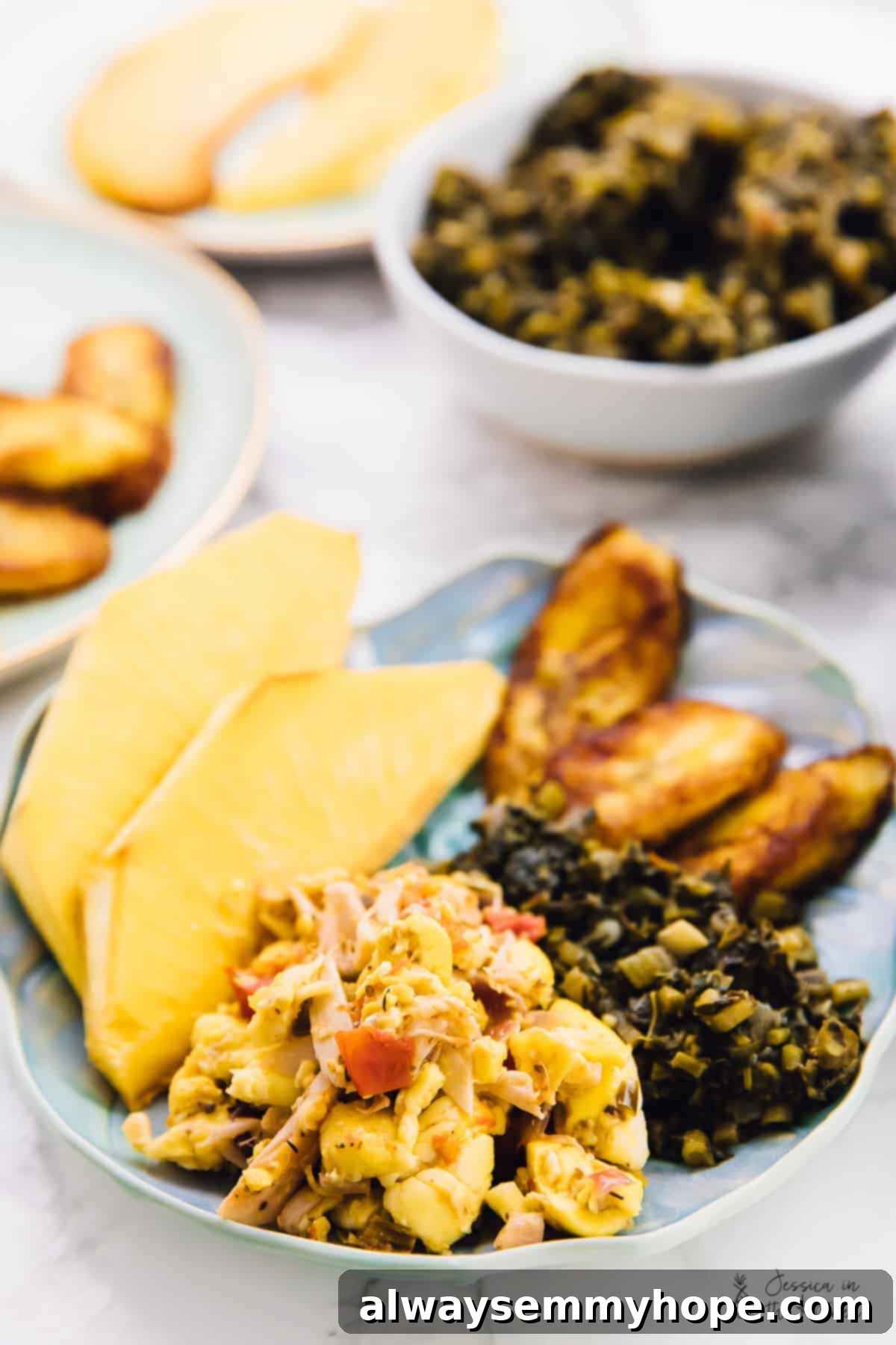 A plate blue plate of vegan ackee and saltfish. 