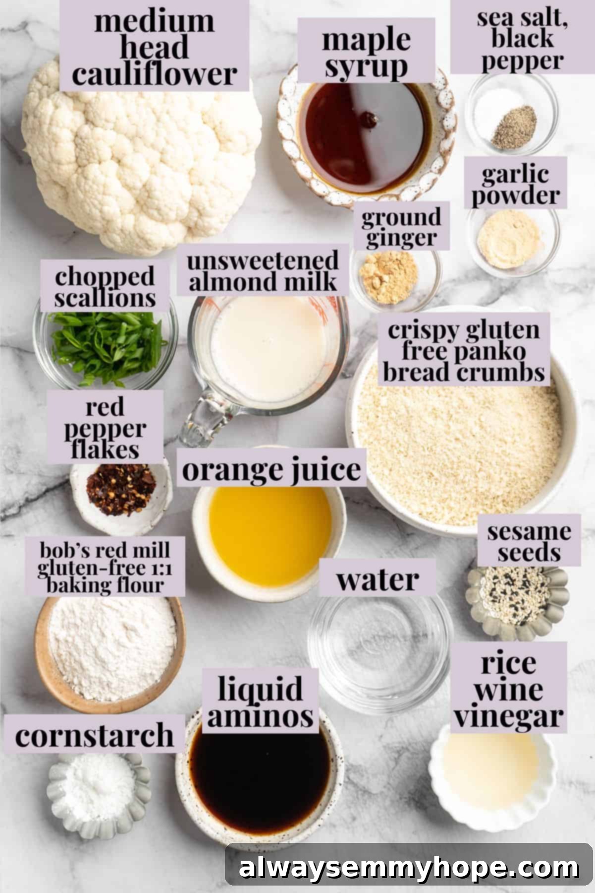 Essential Ingredients for Your Vegan Orange Cauliflower Overhead view of orange cauliflower ingredients with labels