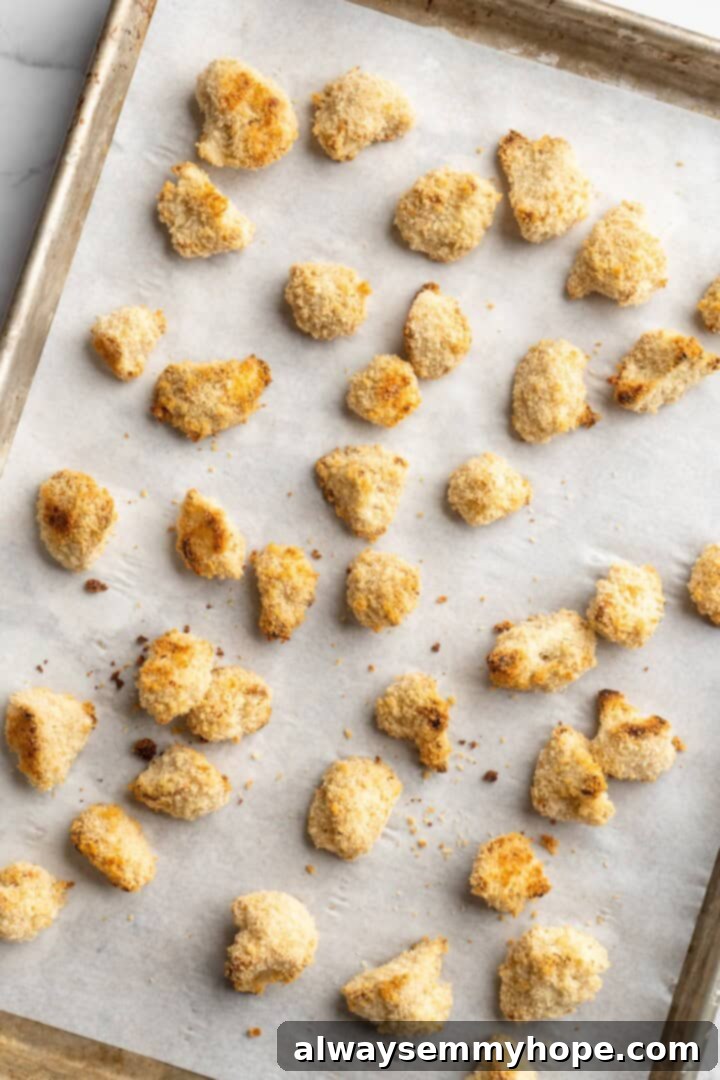 Baking the Crispy Cauliflower Overhead view of roasted cauliflower coated in panko and batter