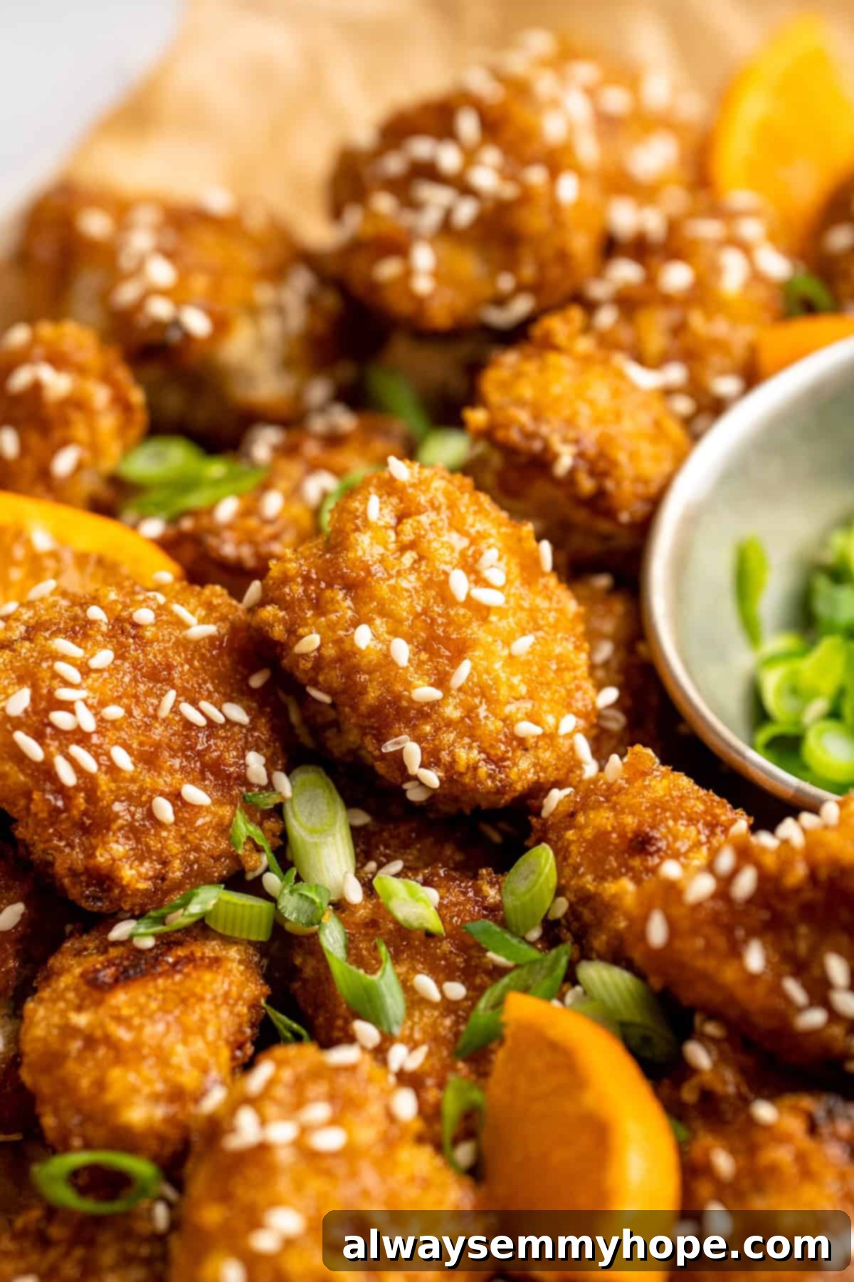 Close-up of Perfectly Glazed Orange Cauliflower Crispy orange cauliflower closeup