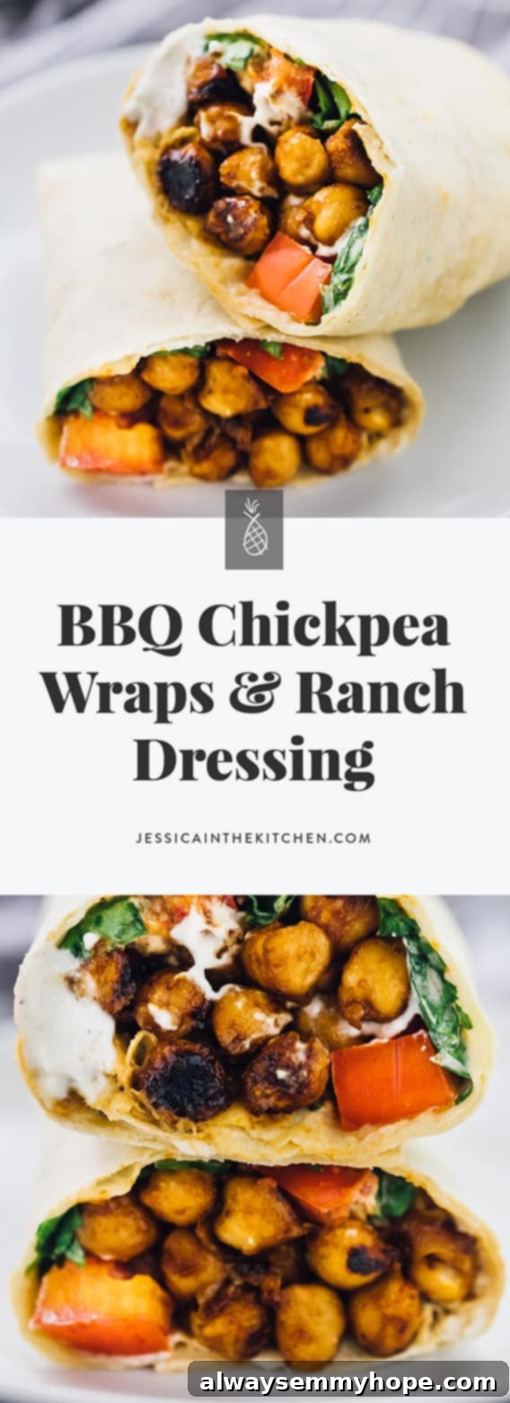Smoky BBQ Chickpea Wraps with Creamy Ranch 5 These BBQ Chickpea Wraps are an easy and quick lunch for work or meal on the go! They're served with a creamy ranch dressing and very filling! via https://jessicainthekitchen.com