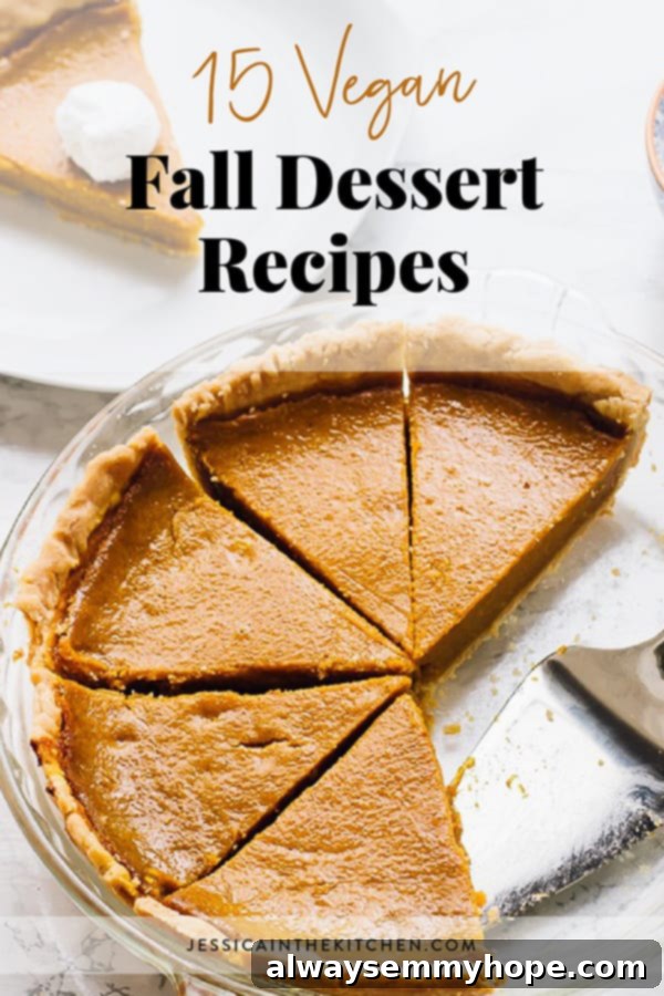 15 Delicious Vegan Autumn Desserts 2 A sliced vegan pumpkin pie on a glass dish with title text over it.