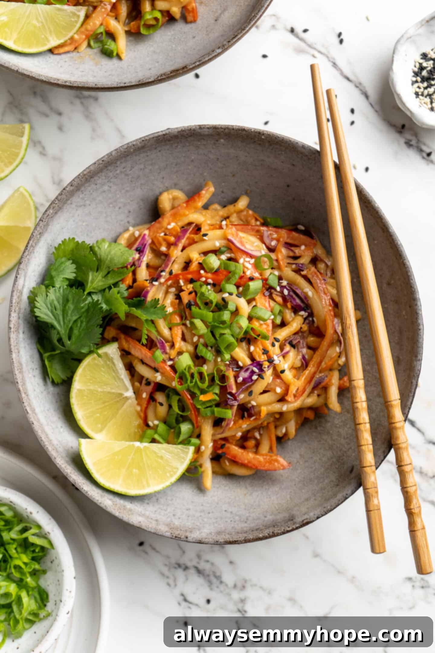 Overhead view of Thai peanut noodles in bowl with lime wedges, cilantro, and green onions for garnish