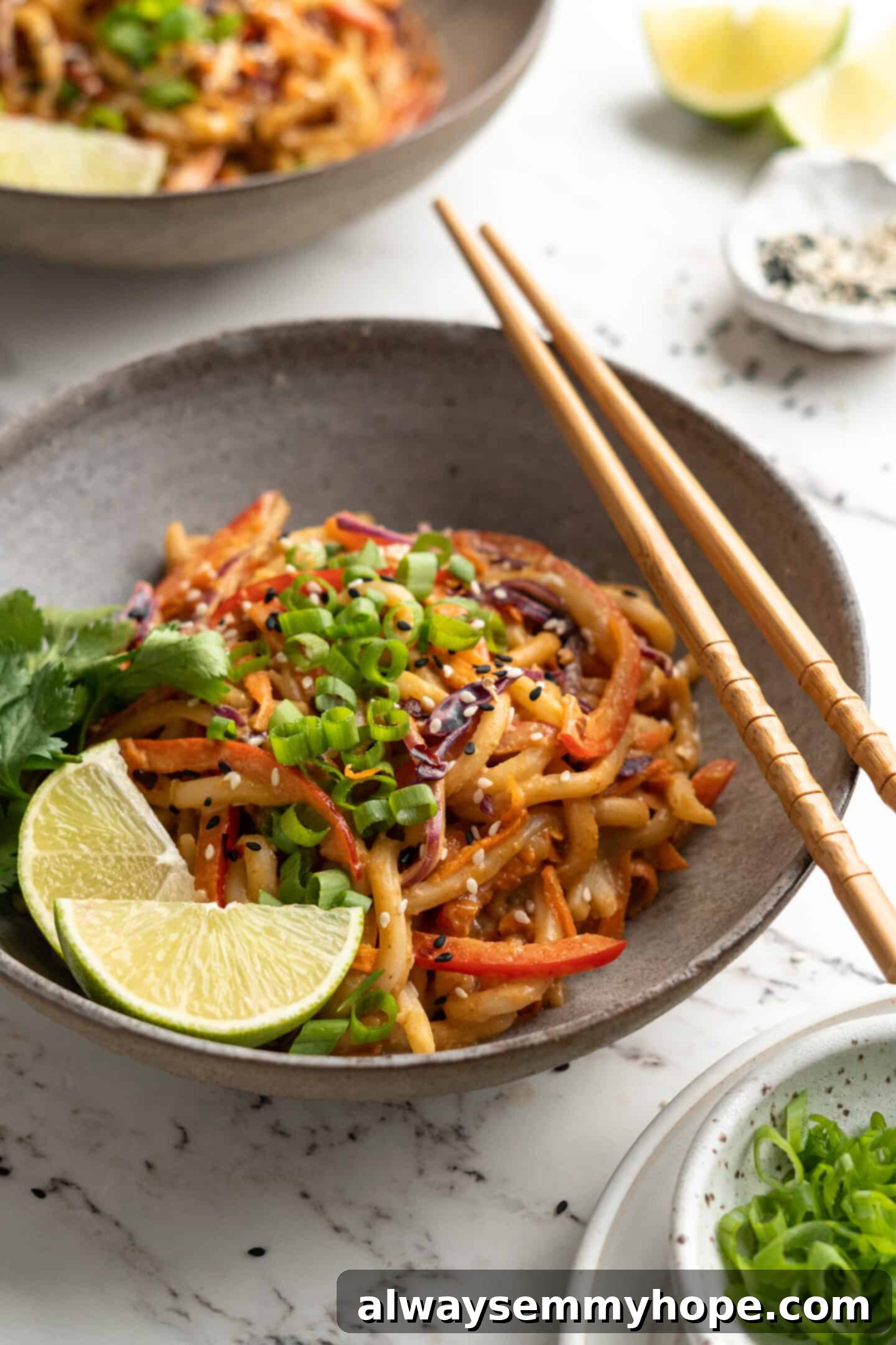 Bowl of Thai peanut noodles with chopsticks laid over top