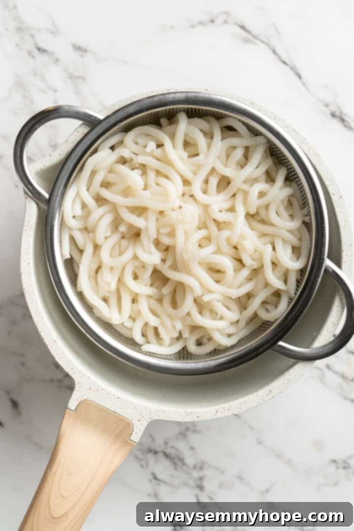 Overhead view of udon noodles in colander