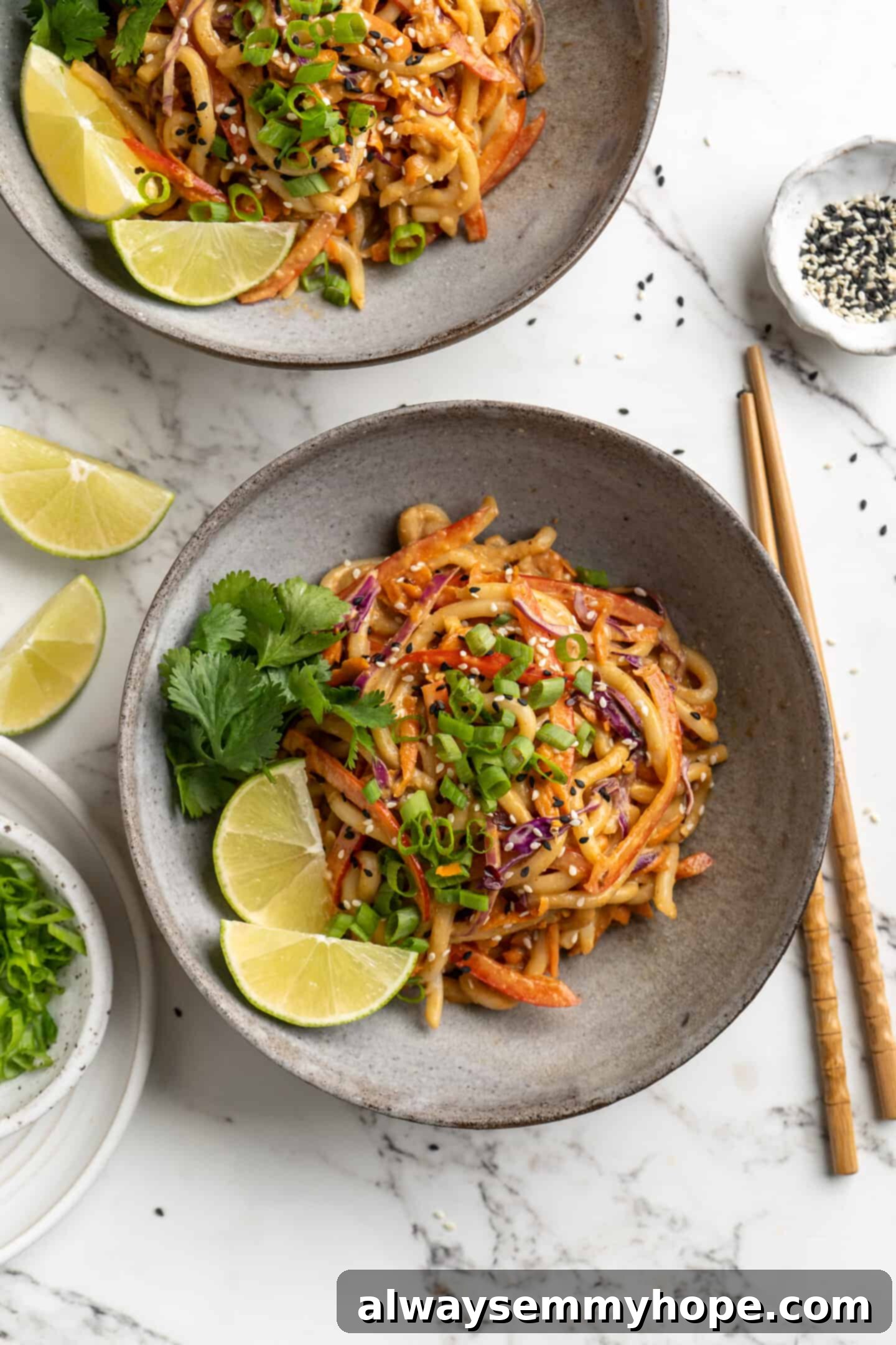 Overhead view of Thai peanut noodles in two bowls set next to chopsticks