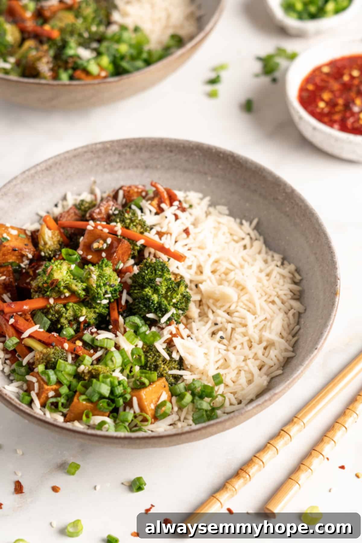 Glazed Ginger Tofu Stir-Fry 11 Bowl of tofu and veggie stir fry with white rice