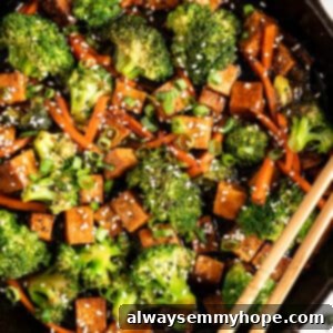 Glazed Ginger Tofu Stir-Fry 12 Veggie and tofu stir fry in cast iron skillet with chopsticks