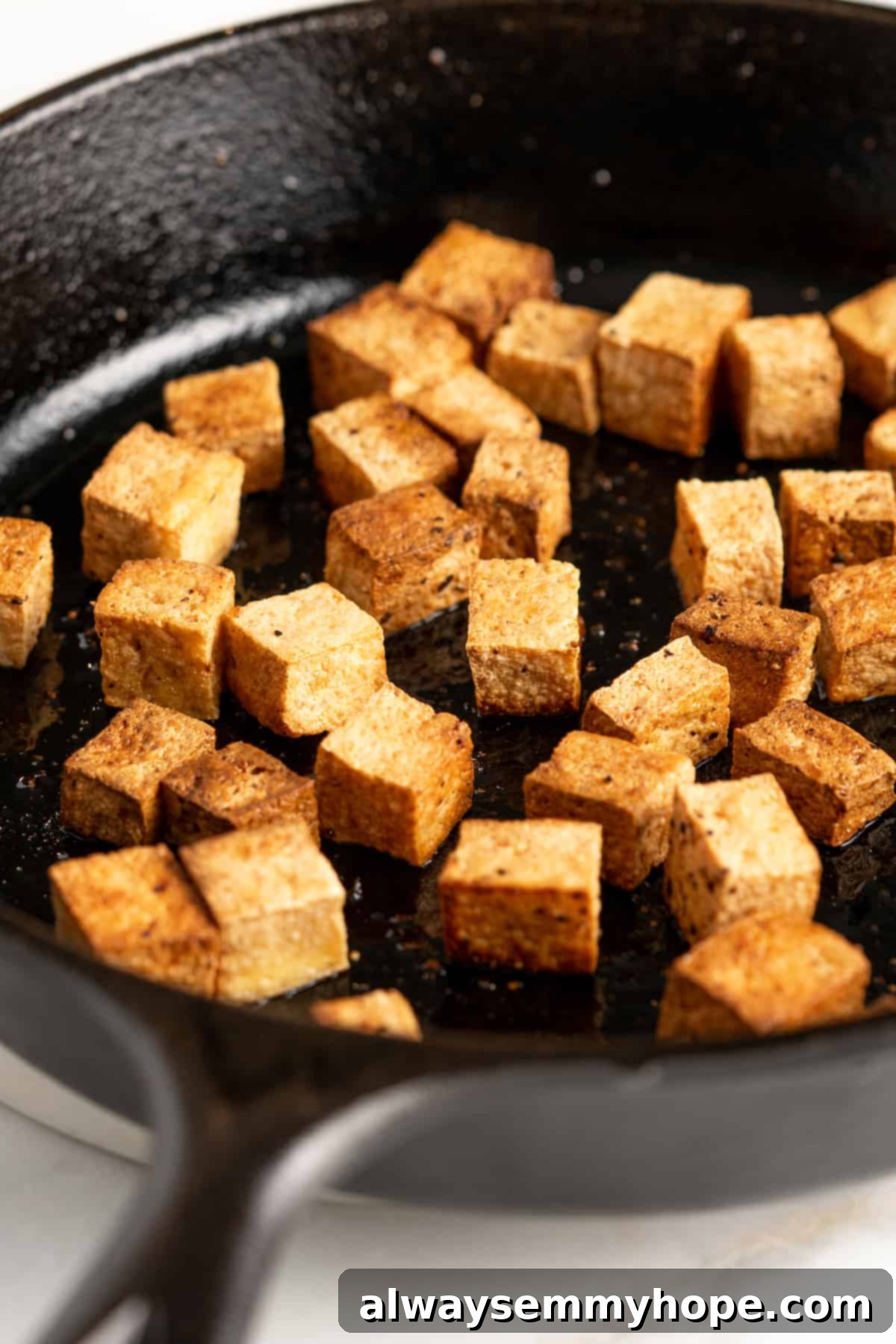 Glazed Ginger Tofu Stir-Fry 5 Cooked tofu cubes in cast iron skillet