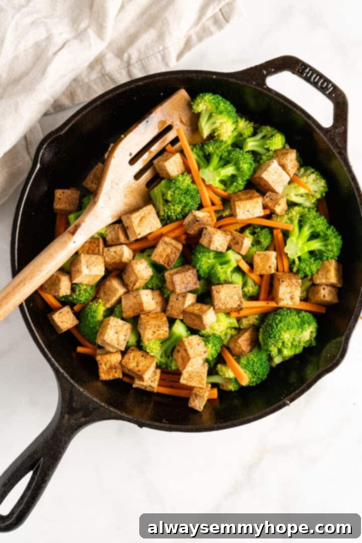 Glazed Ginger Tofu Stir-Fry 7 Overhead view of tofu and veggies in cast iron skillet
