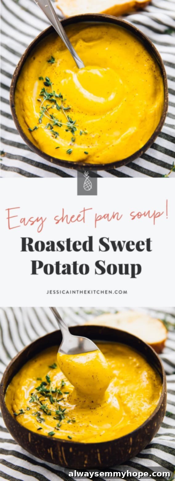 One Pan Roasted Sweet Potato Soup 6 This Roasted Sweet Potato Soup tastes absolutely creamy, is loaded with flavour and is made in your oven! The ingredients are roasted then put right into your blender, so NO time is spent hovering over the stove. It’s one of easiest soups you’ll ever make.