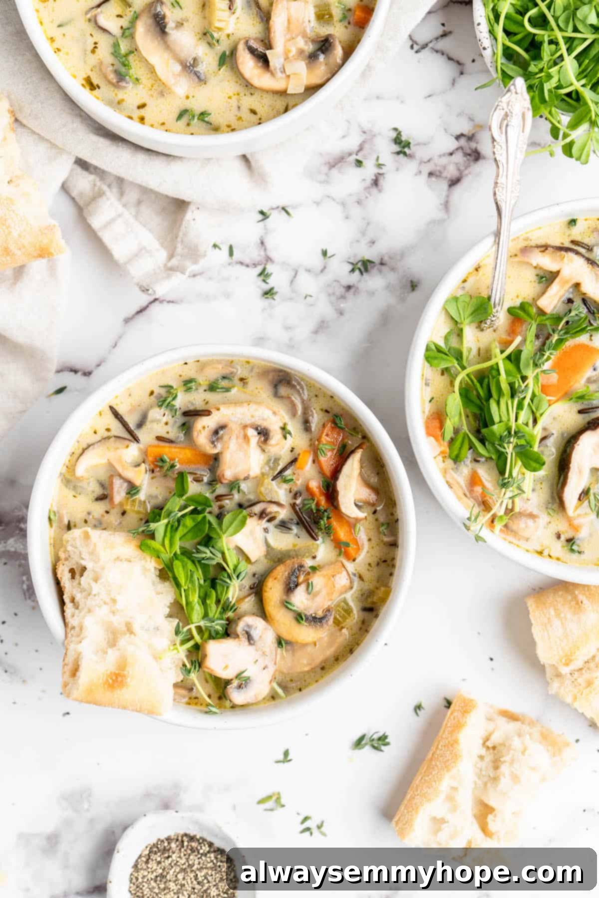 Velvety Vegan Mushroom Wild Rice Soup 9 Three beautifully presented bowls of creamy vegan mushroom wild rice soup, garnished with microgreens, and served with slices of rustic bread.