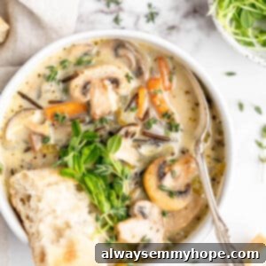 Velvety Vegan Mushroom Wild Rice Soup 10 Overhead view of mushroom wild rice soup in bowl with spoon and bread, ready to be enjoyed.