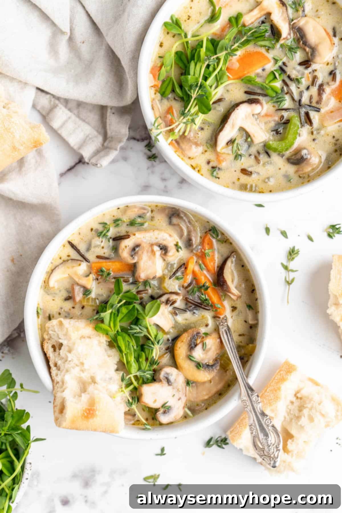 Velvety Vegan Mushroom Wild Rice Soup 3 Two bowls of vegan mushroom wild rice soup, artfully garnished with microgreens and served with slices of crusty bread. The creamy texture and rich ingredients are highlighted.