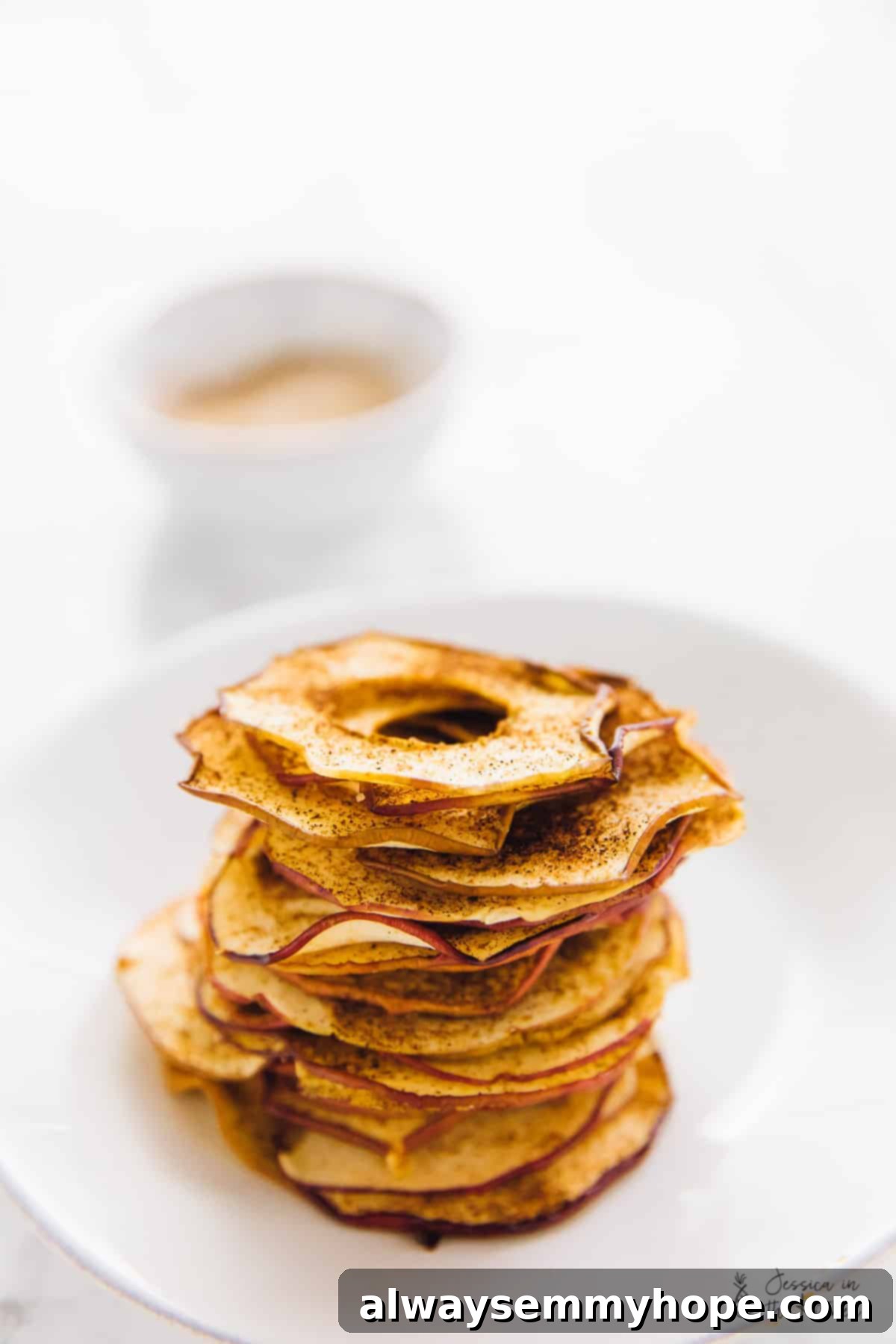 Easy homemade apple chips are crispy, chewy, rich, sweet, and covered in spicy cinnamon, making them the perfect fall snack. A tall, appetizing stack of homemade cinnamon apple chips on a white plate, ready to be enjoyed.