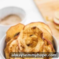 Golden Apple Crisps 2 Cinnamon apple chips in a bowl, with sauce in the background.
