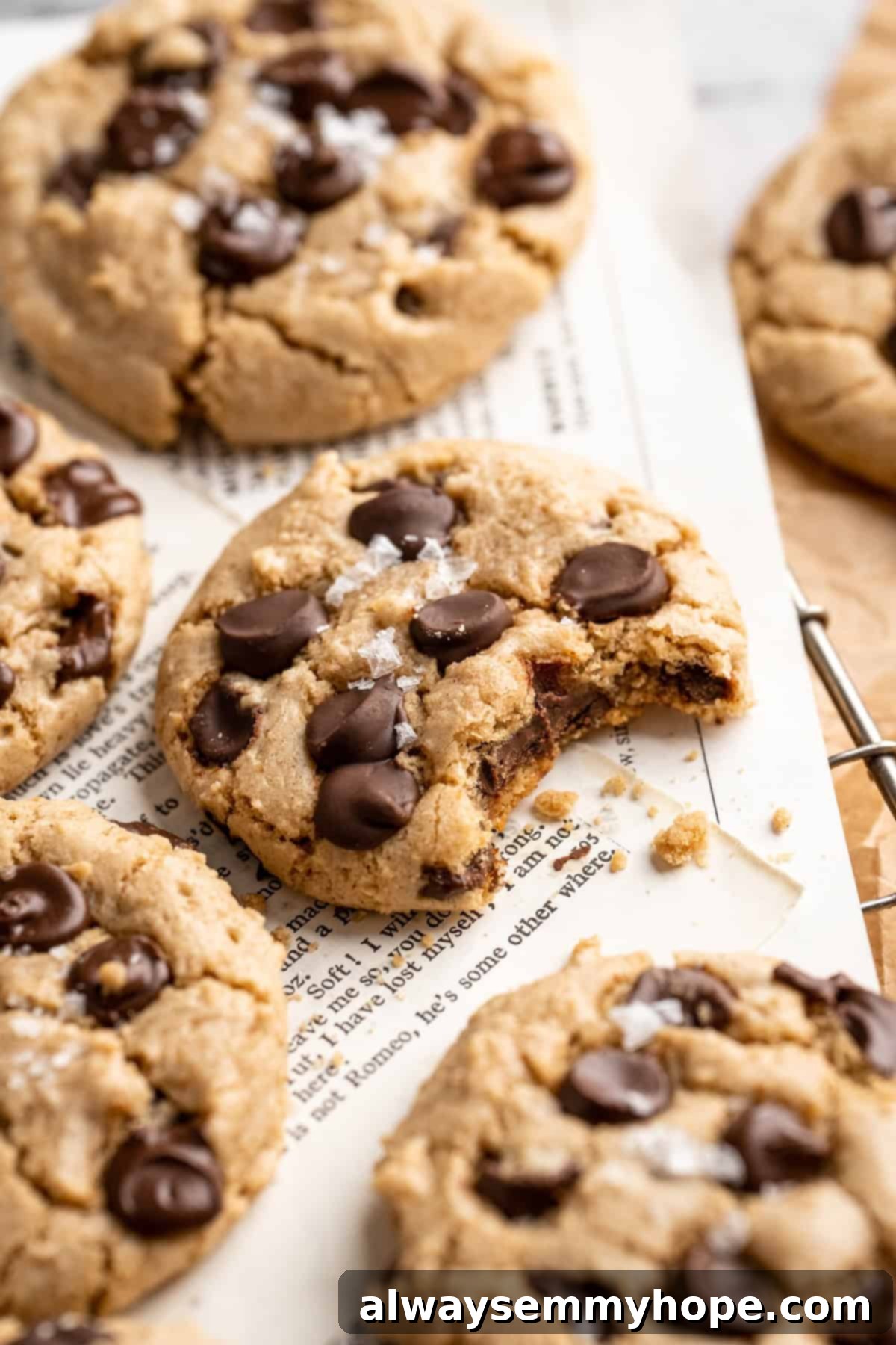 Experience the perfect bite: a warm, soft, and chewy Salted Chocolate Chip Tahini Cookie with rich melted chocolate. A close-up of a warm tahini chocolate chip cookie, with a bite taken out, revealing its soft interior and melted chocolate.