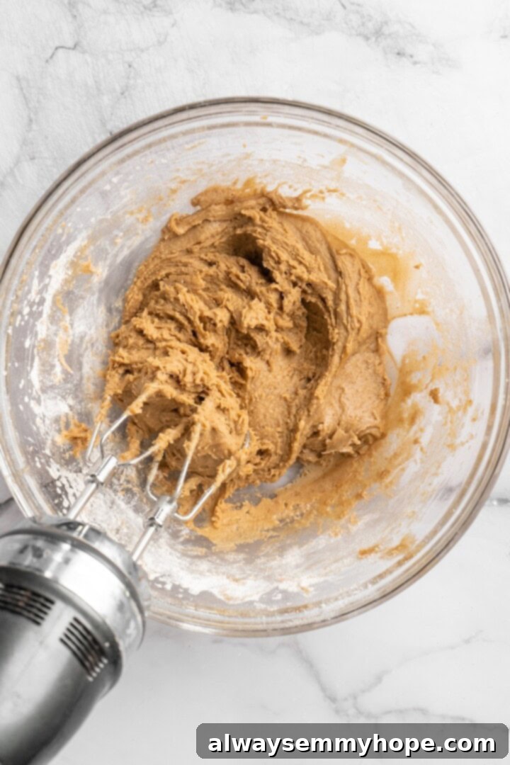 Decadent Chewy Salted Tahini Chocolate Chip Cookies 4 The process of combining dry and wet ingredients to form cookie dough in a mixing bowl.