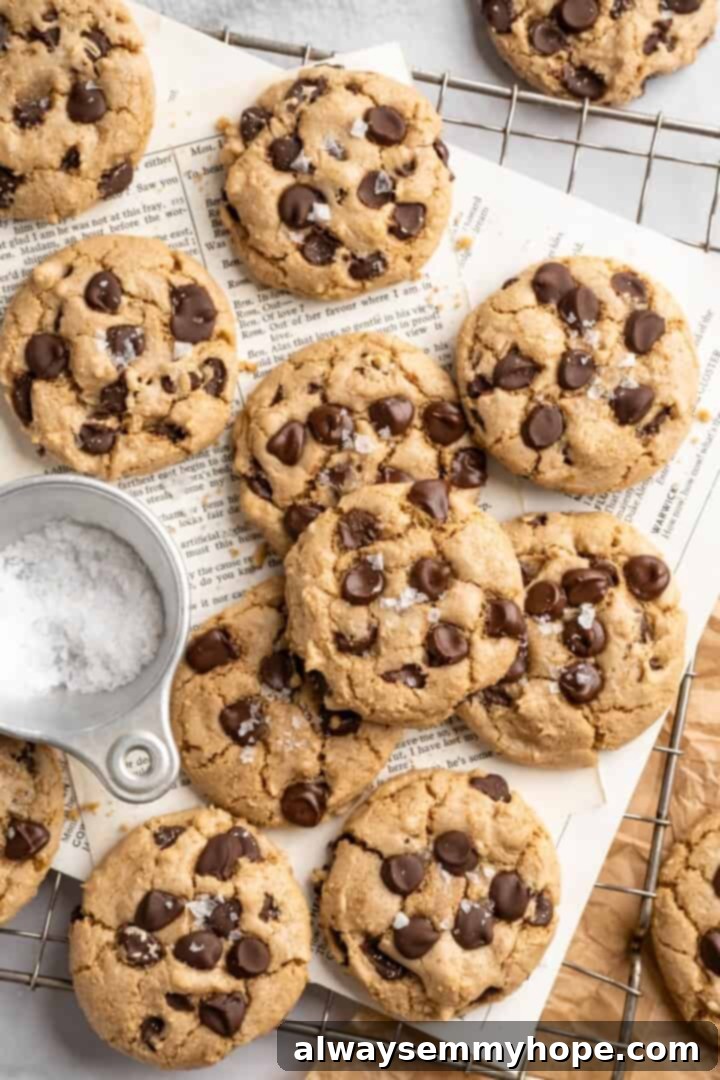 Decadent Chewy Salted Tahini Chocolate Chip Cookies 7 Freshly baked tahini chocolate chip cookies cooling on a wire rack, with flaky sea salt sprinkled on top.