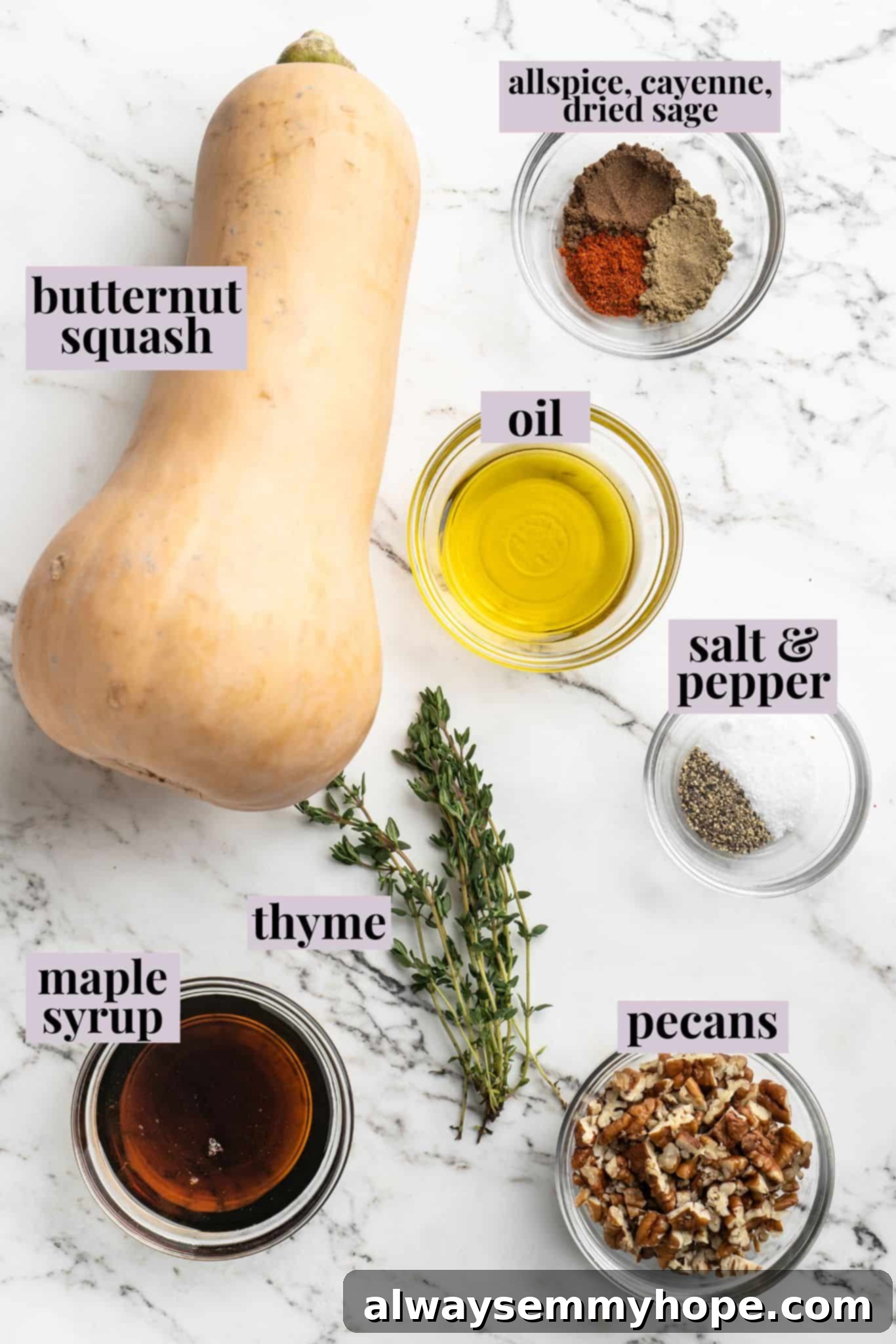 Hasselback butternut squash is a show-stopper, but it’s not all looks! Maple, tender squash, and caramelised pecans make it irresistible! Overhead view of all ingredients required for Hasselback Butternut Squash with Maple Pecan Drizzle, neatly laid out and labeled