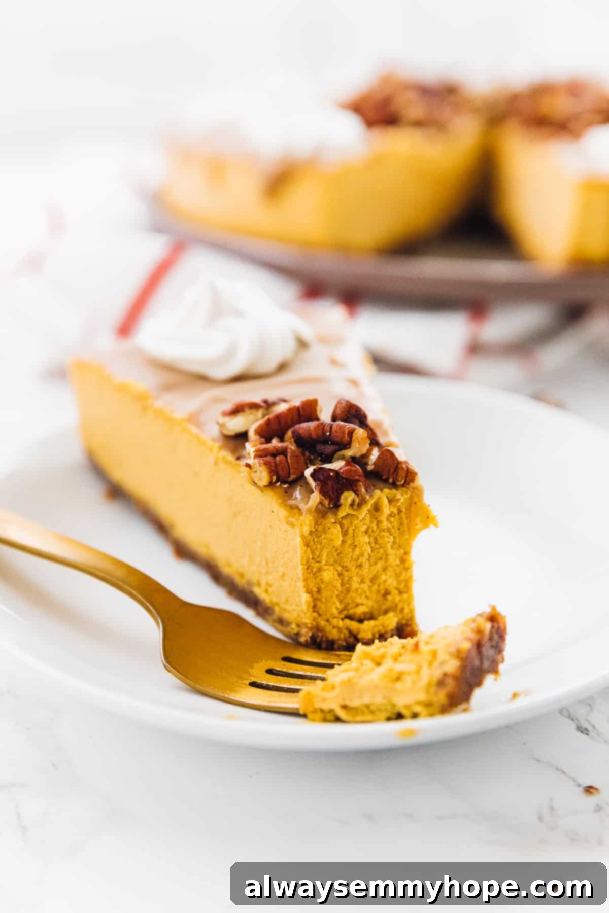 A beautifully presented slice of vegan pumpkin cheesecake, garnished with toasted pecans and a dollop of dairy-free whipped cream, with a fork poised for a bite.