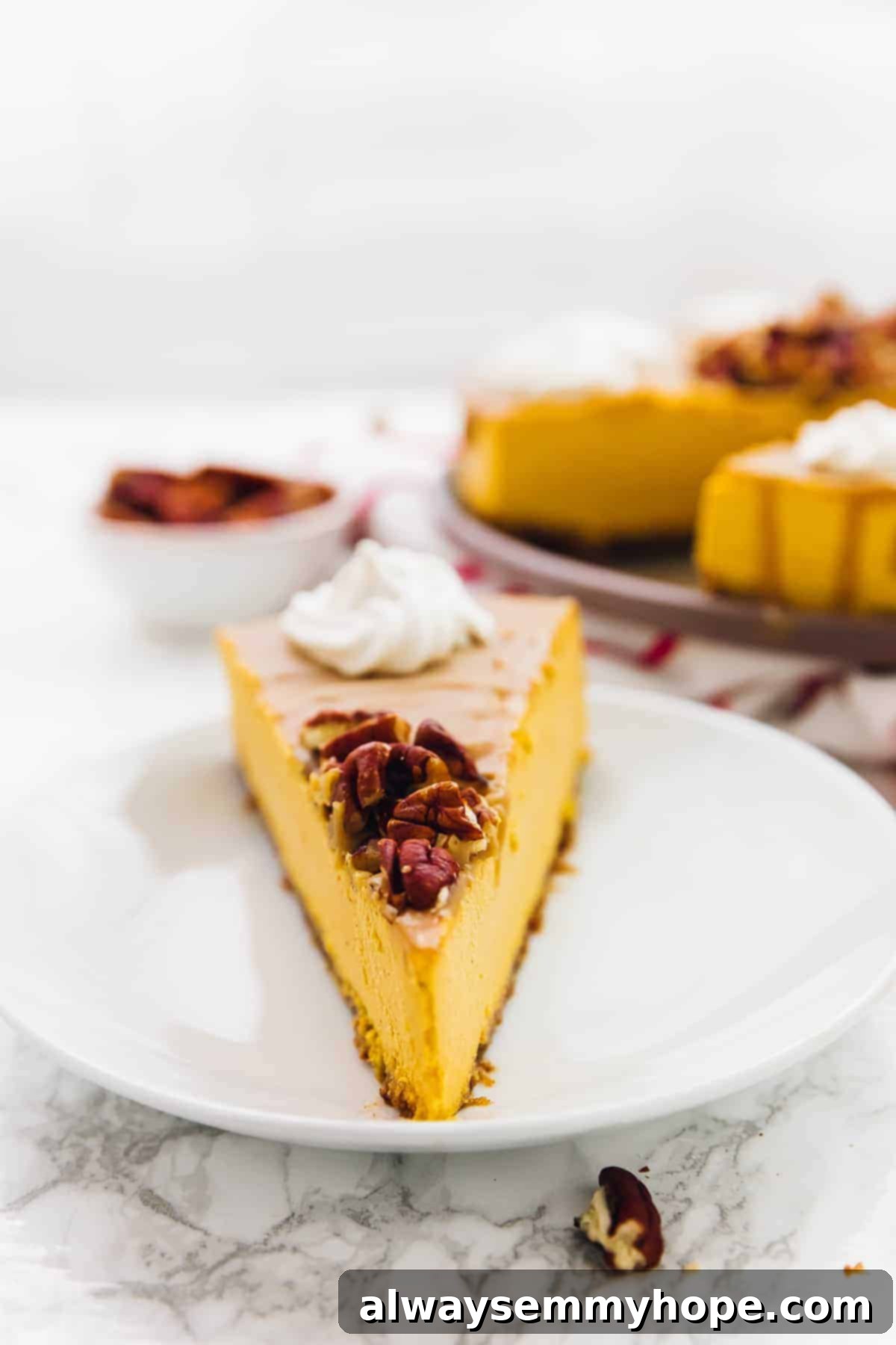 A close-up shot of a perfectly sliced vegan pumpkin cheesecake on a white plate, garnished with toasted nuts and dairy-free whipped cream. In the background, another plate holds a similar slice, suggesting a festive spread.