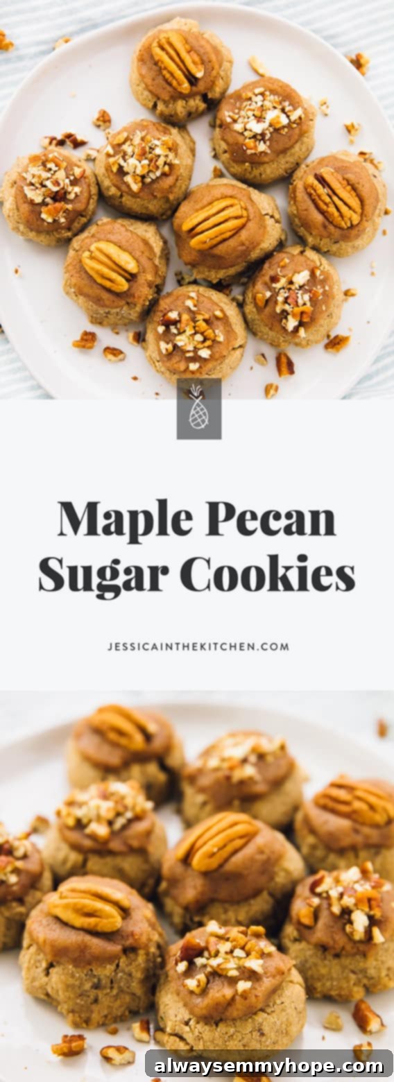 Golden Maple Pecan Sugar Cookies 6 A delightful vertical close-up shot of several Maple Pecan Sugar Cookies, beautifully arranged, showcasing their rich texture and festive frosting topped with pecan pieces.