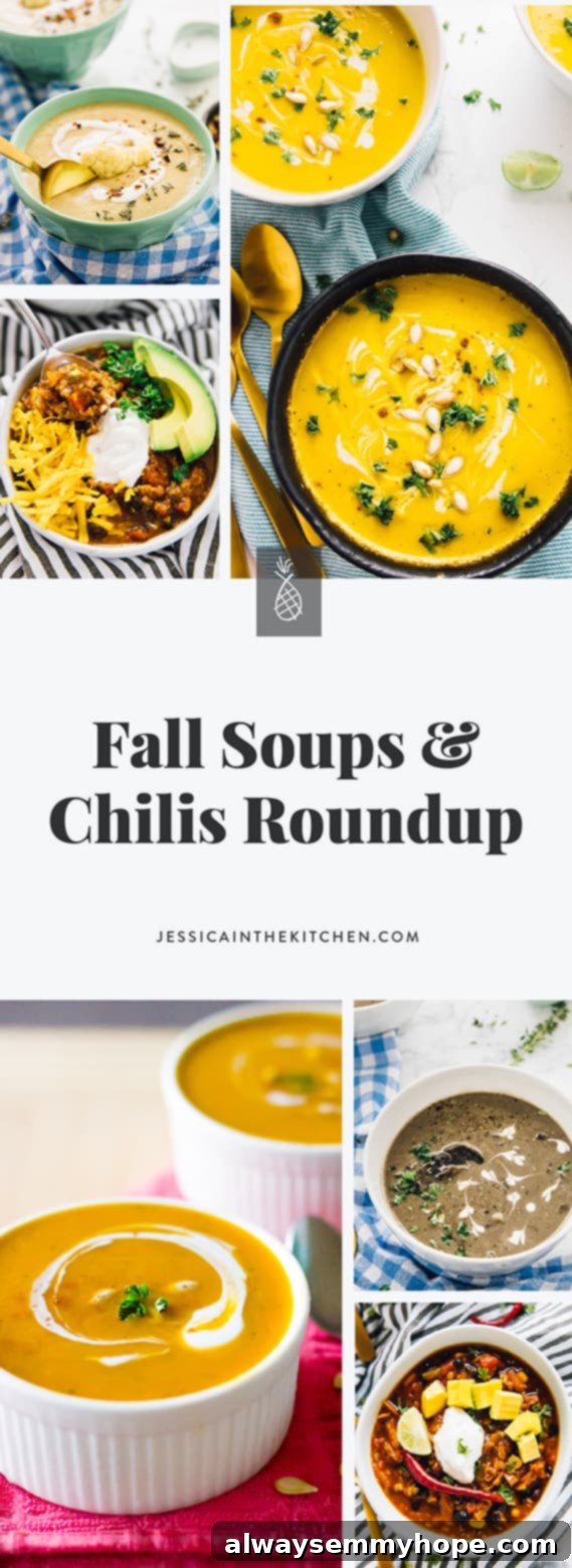 14 Warming Vegan Soups and Chillis for a Cozy Fall 2 A montage of fall soups, with title text.