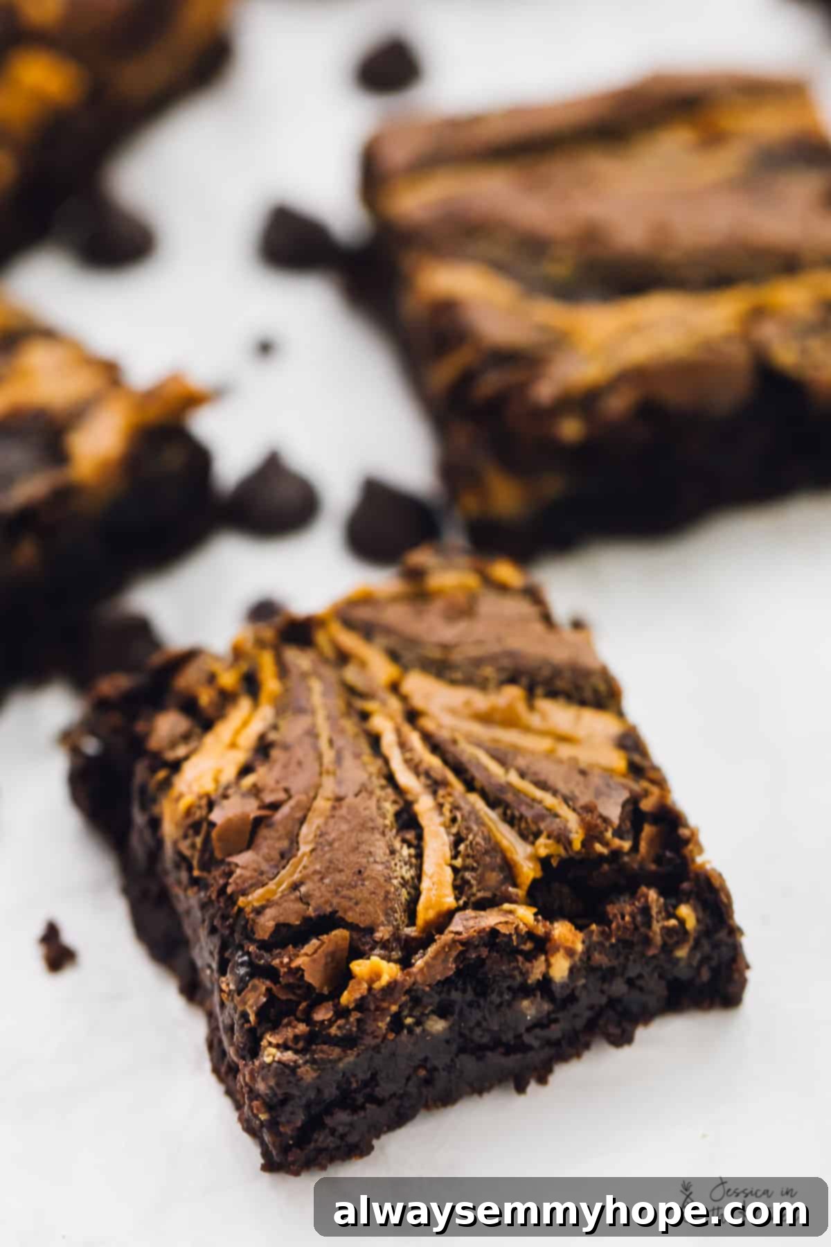 Close up of vegan brownies, surrounded by chocolate chips. 