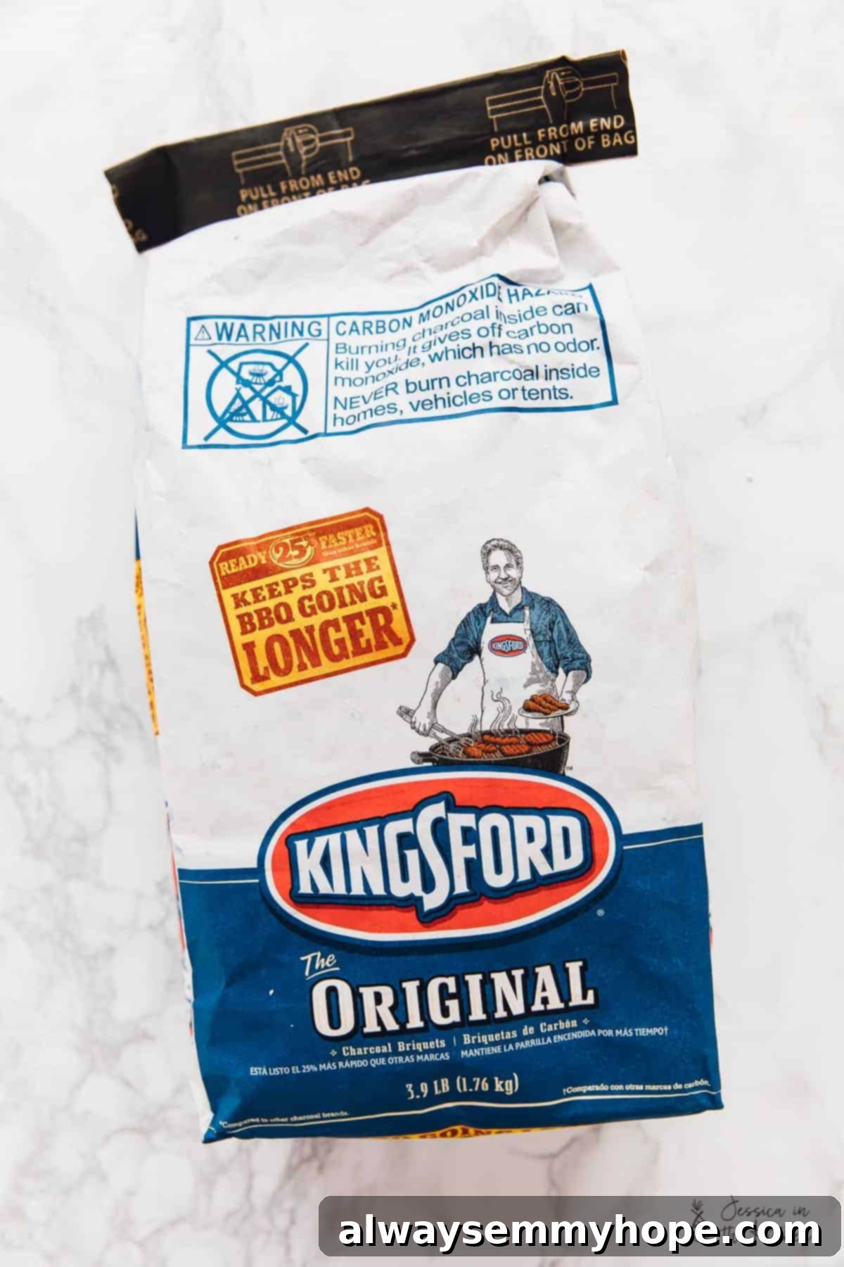 A sack of charcoal on a table. 