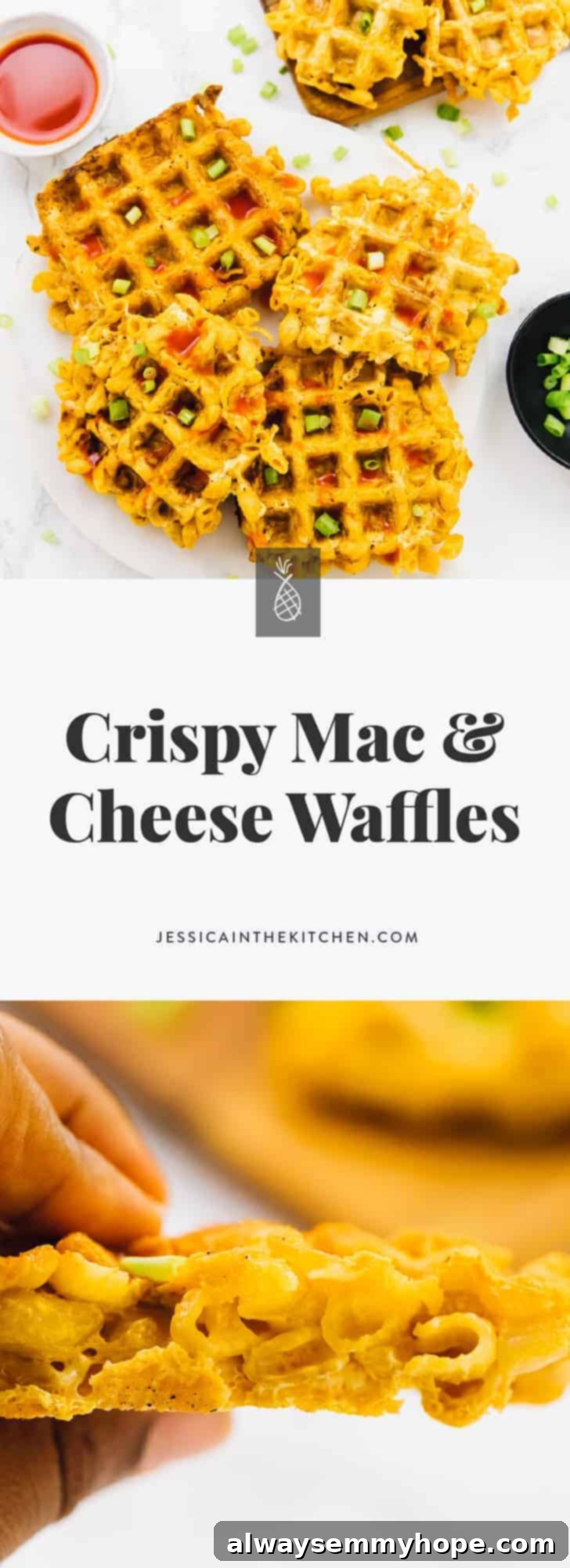 These Crispy Mac and Cheeze Waffles are the perfect indulgent side dish! Two ingredients, and you get crisp on the outside, and soft cheesy Mac and cheese on the inside of these divine waffles!