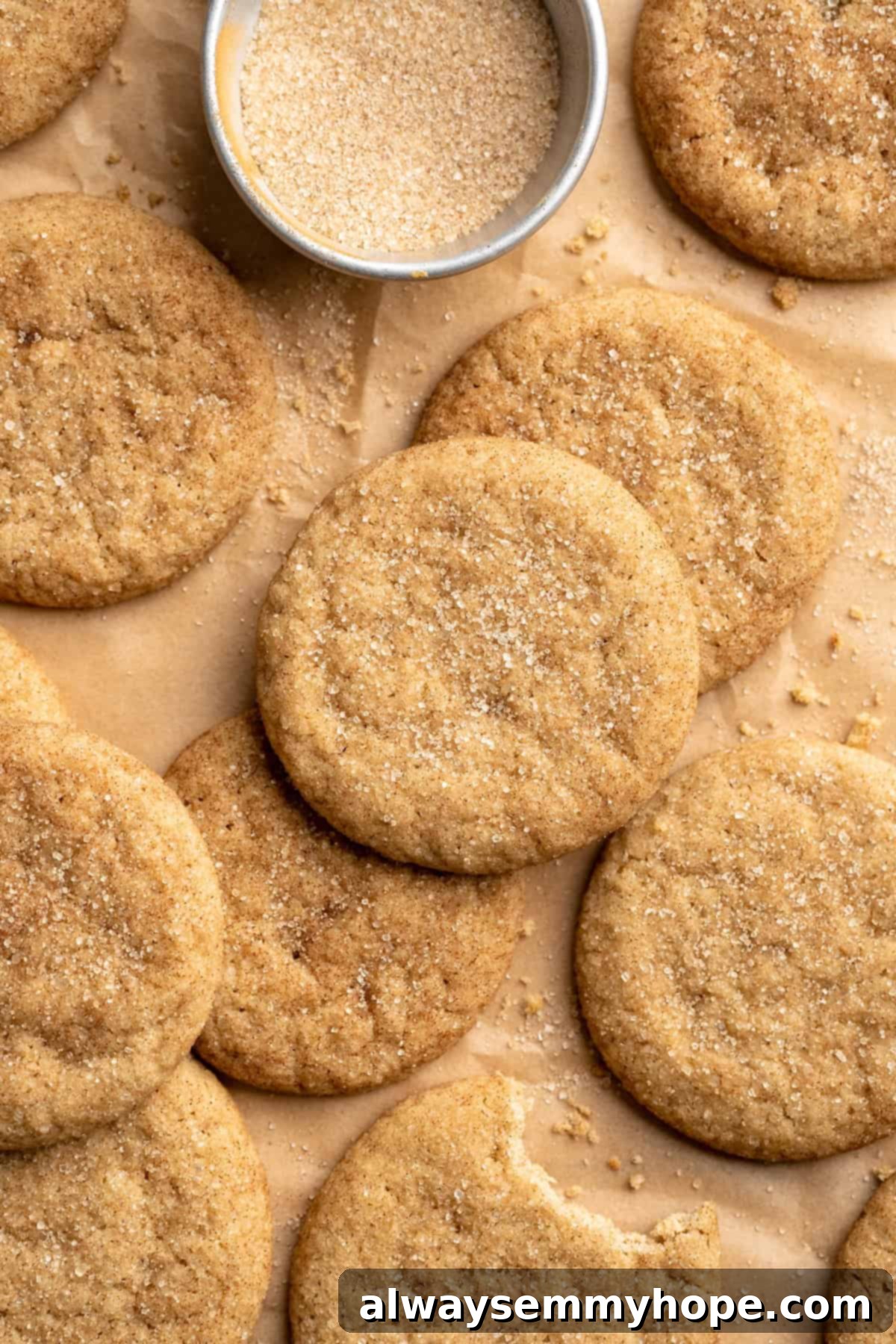 Overhead view of several vegan snickerdoodle cookies on parchment paper, with a small bowl of cinnamon sugar next to them.