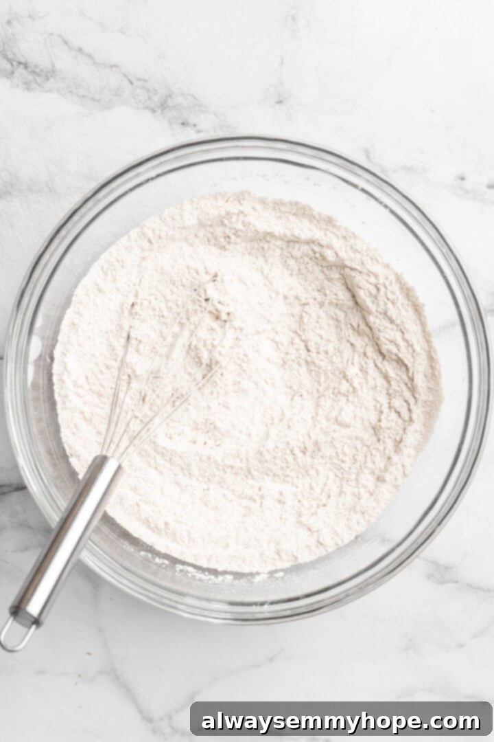 Overhead view of dry ingredients, including flour and spices, being whisked together in a mixing bowl.
