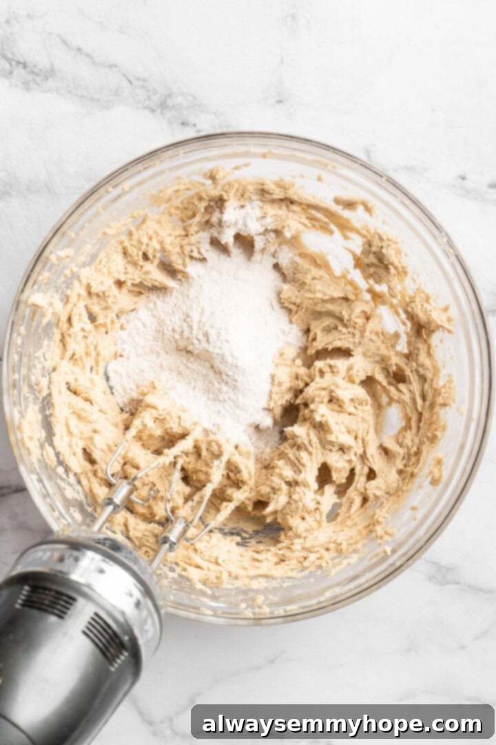 Overhead view of dry ingredients being added to the wet ingredients in a mixing bowl for snickerdoodle dough.