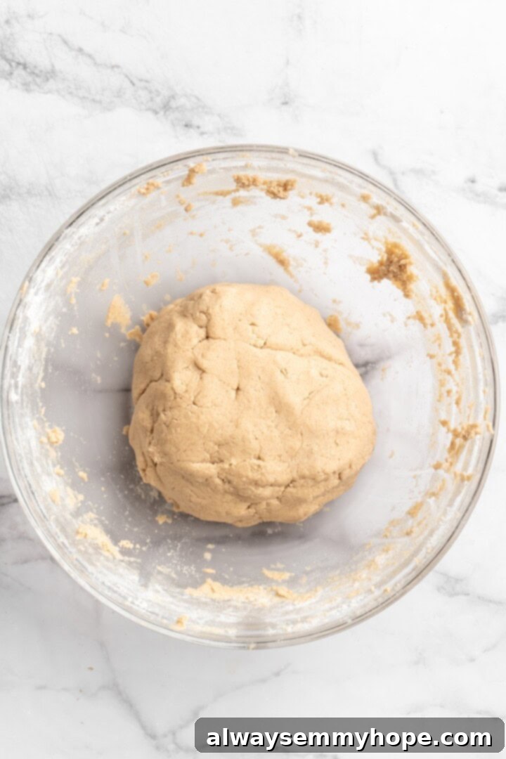 Overhead view of vegan snickerdoodle cookie dough collected into a ball in a mixing bowl, ready for chilling.