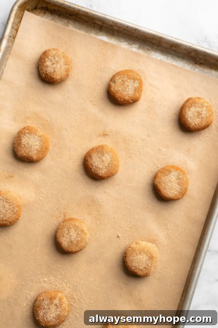 Overhead view of vegan snickerdoodle dough balls slightly flattened on a baking sheet, ready to go into the oven.