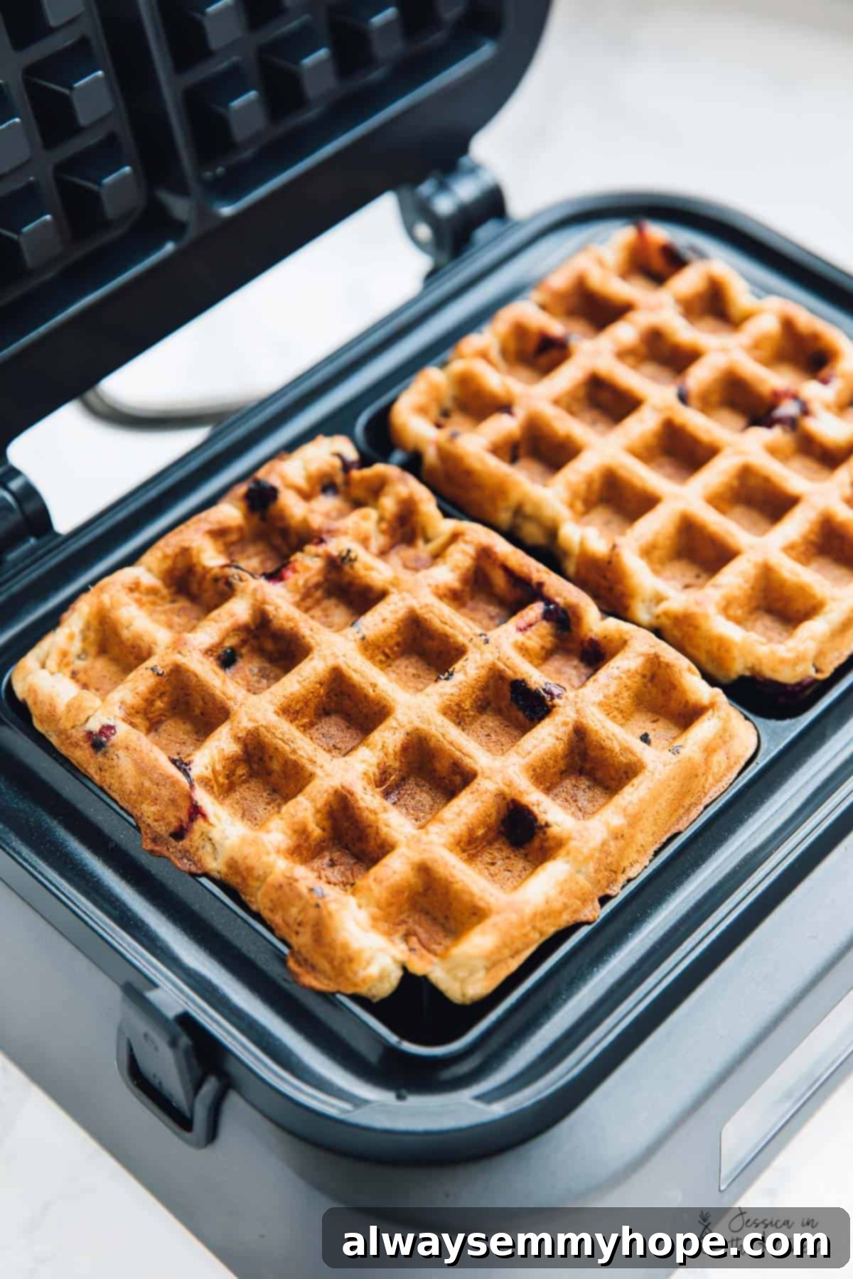 Fluffy orange cranberry waffle batter cooking inside an open Calphalon IntelliCrisp Waffle Maker, showcasing the appliance's elegant design.