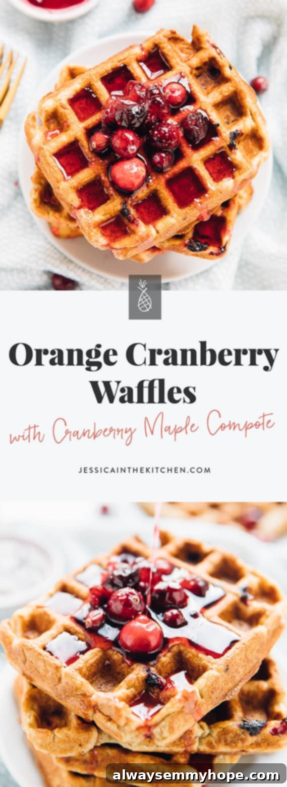 These Orange Cranberry Waffles are bursting with holiday flavour! They drizzled with a Cranberry Maple Compote and are vegan and gluten free! Via https://jessicainthekitchen.com