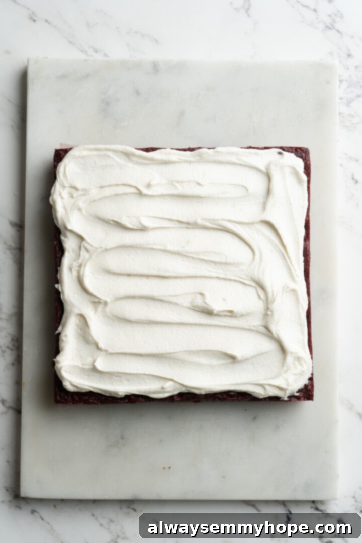 Moist, rich red velvet brownies are perfect for a special occasion or anytime you’re craving a decadent dessert. With cream cheese frosting! An overhead view of a pan of perfectly frosted vegan red velvet brownies, topped with a thick, smooth layer of white cream cheese frosting, ready for chilling and slicing.