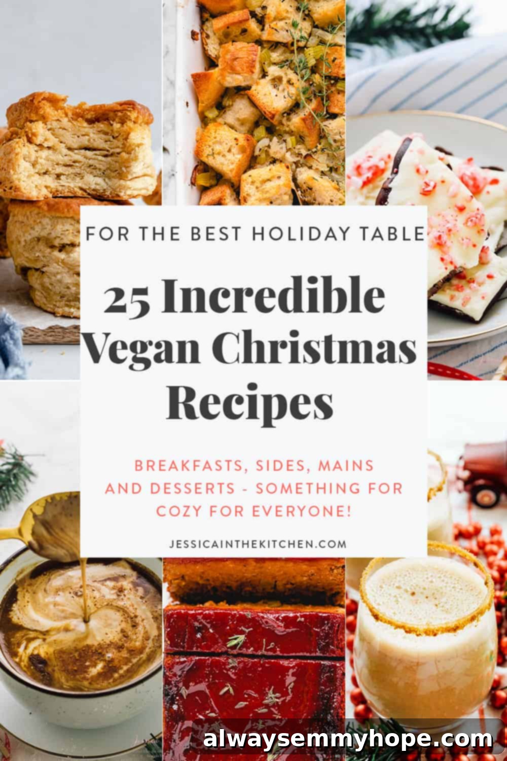 A festive collage of delicious vegan Christmas dishes including French toast casserole, quiche, gingerbread pancakes, cornbread, mac and cheese, meatloaf, eggnog, and cookies, representing a full holiday spread.
